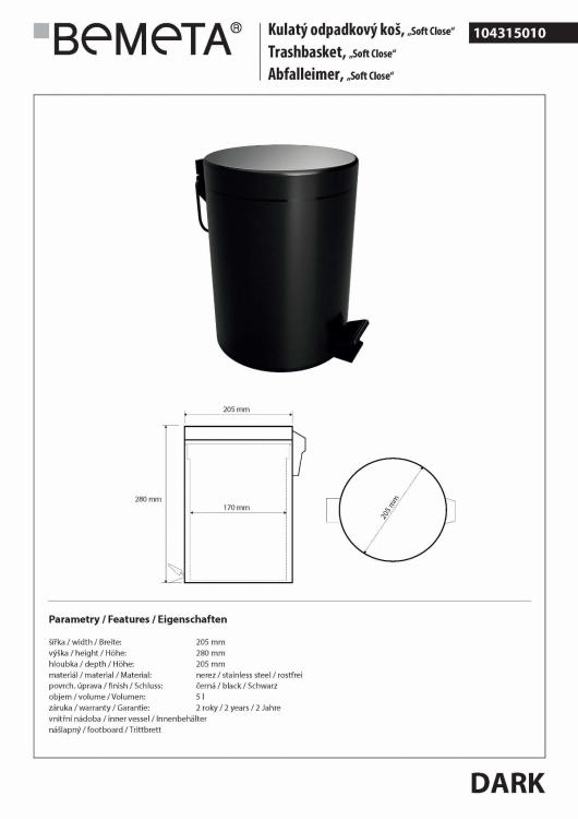Kosz łazienkowy czarny mat 5l Soft Close seria DARK 104315010 rysunek techniczny