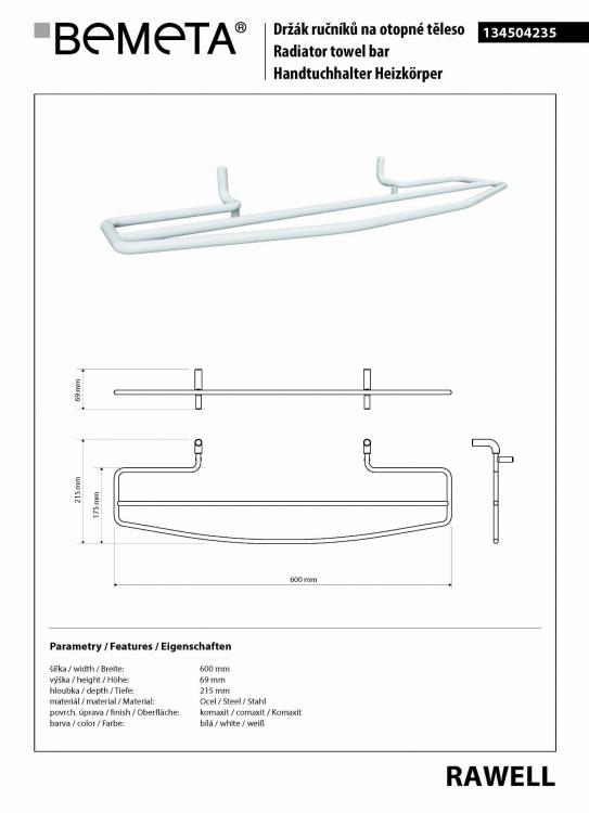 RAWELL Wieszak na grzejnik 60 cm biały 134504235, wymiary