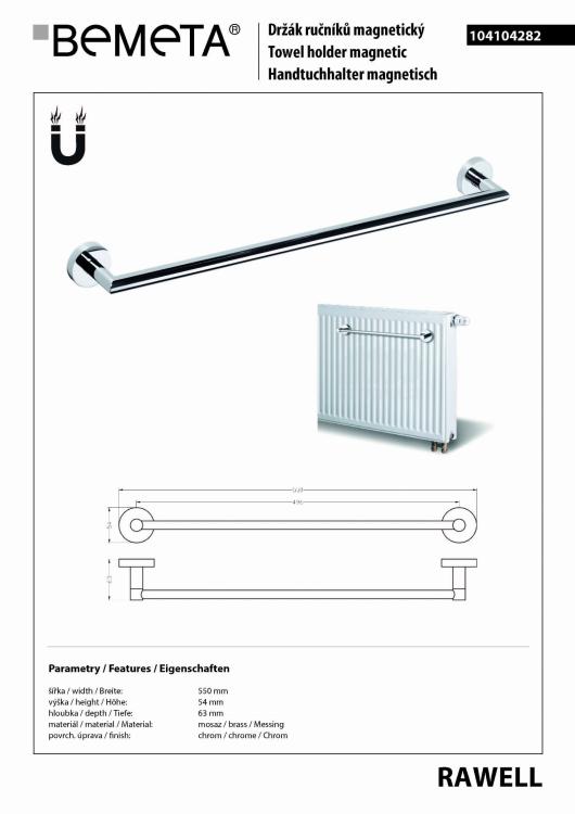 RAWELL Wieszak magnetyczny na ręcznik do grzejnika 55 cm chrom 104104282, wymiary