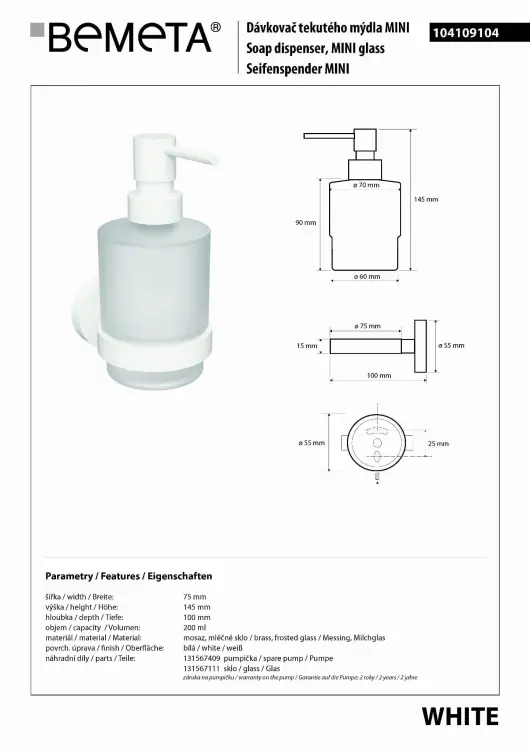 WHITE dozownik do mydła szklany z białym uchwytem MINI 200 ml 104109104, wymiary