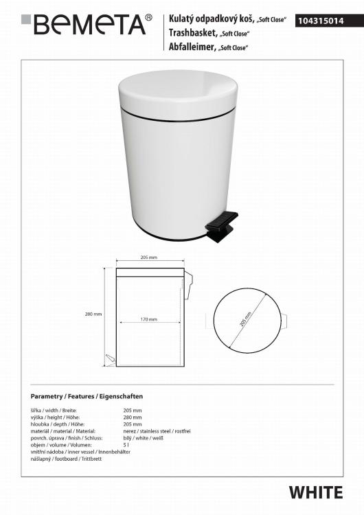 WHITE kosz na śmieci 5l Soft Close 104315014, wymiary