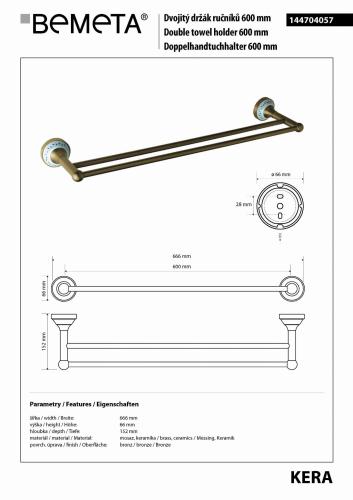 KERA Wieszak podwójny na ręcznik 60 cm retro brąz z ozdobnym elementem ceramicznym 144704057, wymiary