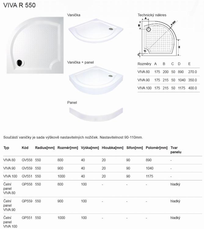 VIVA Brodzik kompozytowy półokrągły R55 90x90 cm GV559 - rysunek techniczny