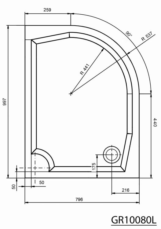 RIVA Brodzik kompozytowy półokrągły, lewy R55 100x80 cm GR10080L - rysunek techniczny