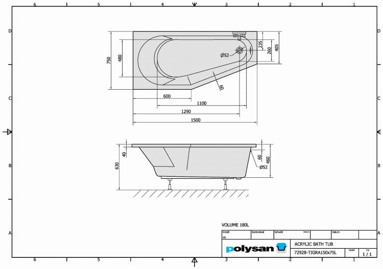 TIGRA Wanna akrylowa asymetryczna 150x75 cm (lewa) 72928, rysunek techniczny