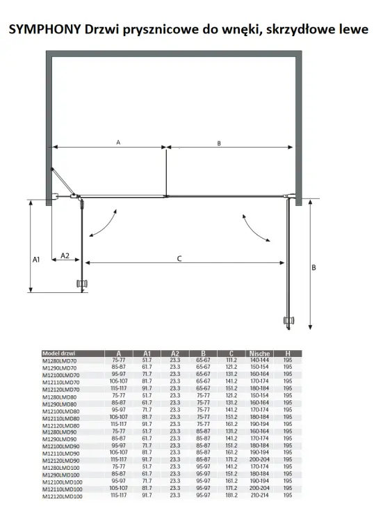 SYMPHONY Drzwi prysznicowe do wnęki skrzydłowe 180x195 cm M1290LMD100 wymiary