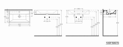 SISTEMA umywalka ceramiczna nablatowa 70x42 cm 10SF50070 - rysunek techniczny