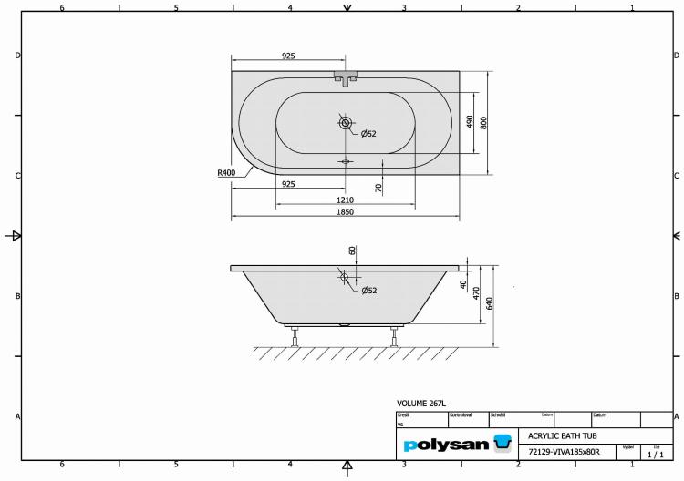 VIVA Wanna akrylowa prostokątna 185x80 cm (prawa) 72129, rysunek techniczny