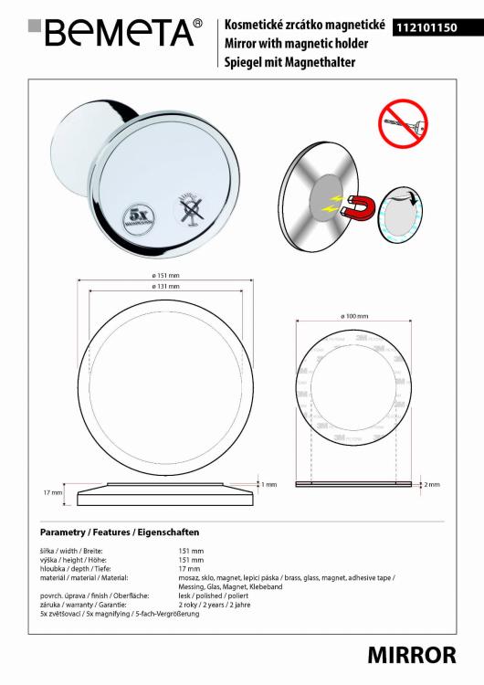 Lusterko kosmetyczne mocowane na magnes Ø131 mm 112101150, wymiary