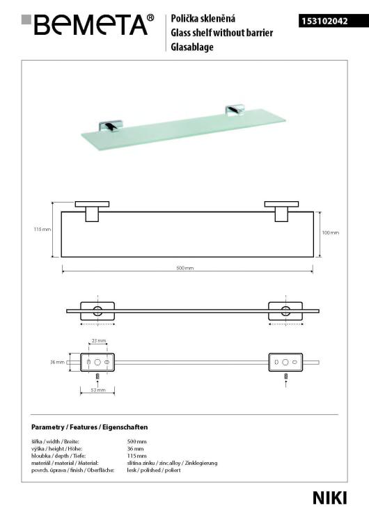 NIKI półka łazienkowa szklana 50 cm 153102042, wymiary