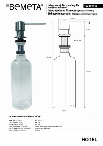 Dozownik podblatowy do mydła 1100 ml górne napełnianie matowy 152109143, wymiary