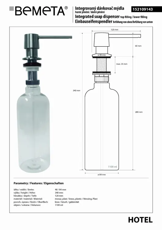 Dozownik podblatowy do mydła 1100 ml górne napełnianie matowy 152109143, wymiary