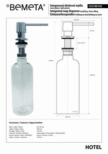 Dozownik podblatowy do mydła 1100 ml, górne napełnianie, chrom połysk 152109142, wymiary