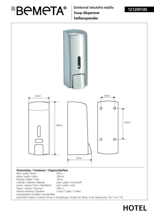 Dozownik do mydła 300 ml matowy 121209145, wymiary
