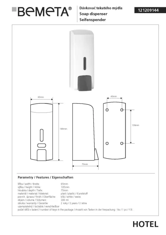 Dozownik do mydła 300 ml biały 121209144, wymiary