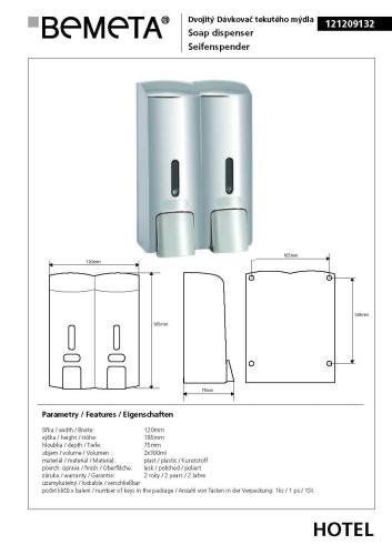 Dozownik do mydła podwójny 2 x 300 ml 121209132, wymiary