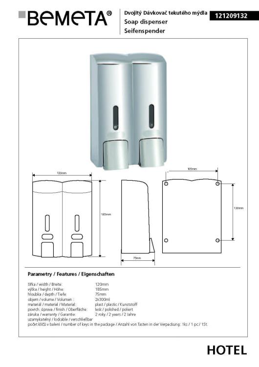 Dozownik do mydła podwójny 2 x 300 ml 121209132, wymiary