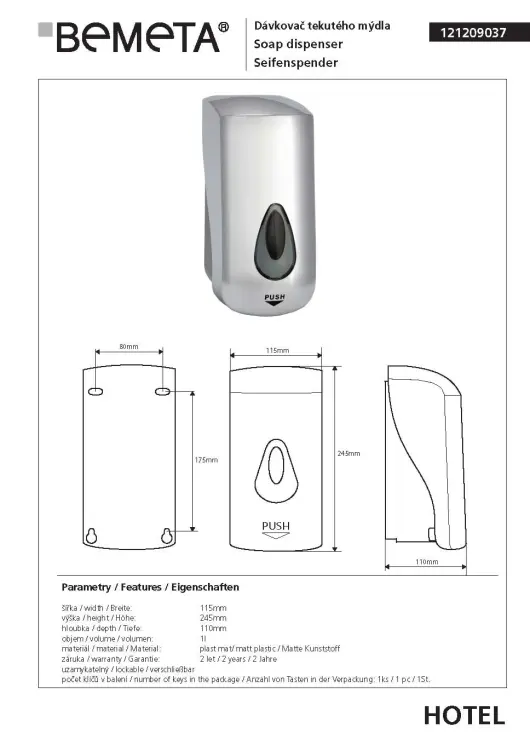 Dozownik do mydła 1000 ml szary matowy 121209037, wymiary