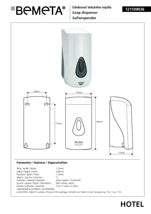Dozownik do mydła 1000 ml biały 121109036, wymiary