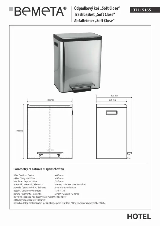Kosz na śmieci do recyklingu 2 x 15l 137115165, wymiary