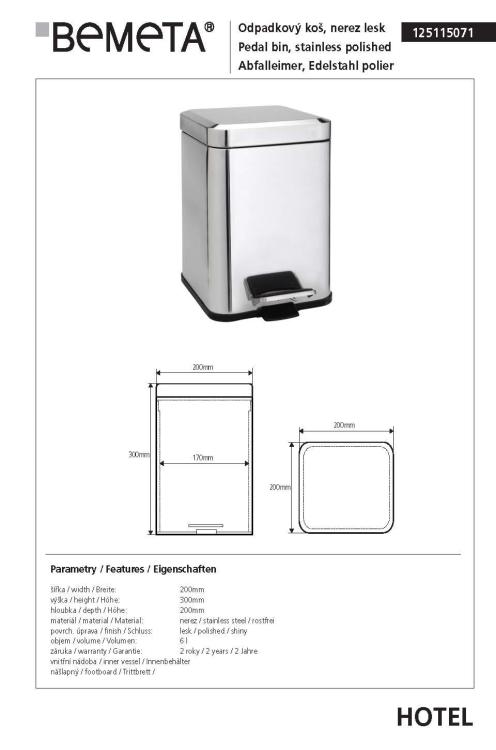 Kosz na śmieci 6l stal nierdzewna połysk 125115071, wymiary
