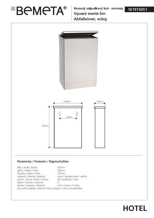 Kosz na śmieci do zawieszenia 6l stal nierdzewna połysk 101915051, wymiary