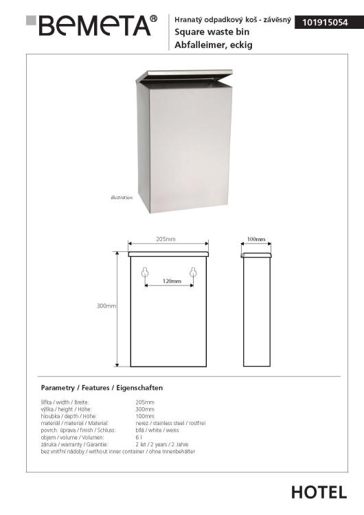 Kosz na śmieci do zawieszenia 6l stal nierdzewna biały 101915054