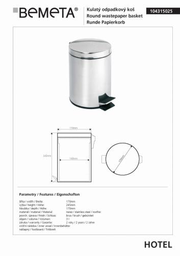 Kosz na śmieci z pokrywką 3l, stojący, stal nierdzewna szczotkowana 104315025, wymiary