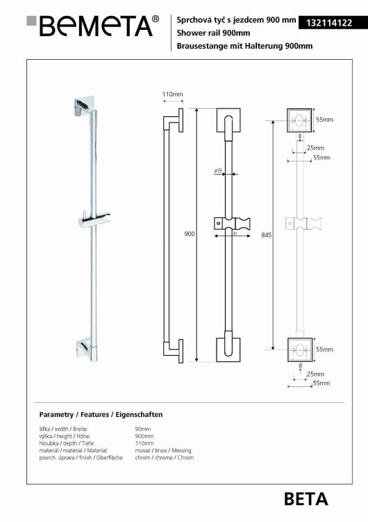 BETA drążek prysznicowy 90 cm chrom 132114122 wymiary