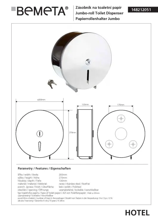 JUMBO Zasobnik na papier toaletowy ø 26 cm stal nierdzewna 148212051, wymiary