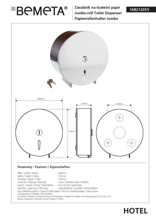 JUMBO Zasobnik na papier toaletowy ø 26 cm stal nierdzewna szczotkowana 148212055, wymiary