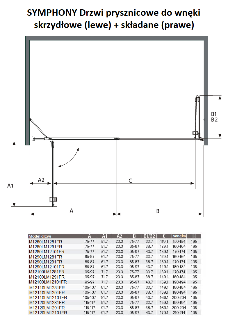 SYMPHONY Drzwi prysznicowe do wnęki skrzydłowo-składane 170x195 cm M1280LM12101FR wymiary