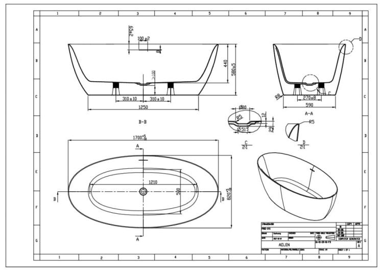 MIAMI - wanna wolnostojaca - bialy polysk - rozmiar  170x82 - G9027- rysunek techniczny