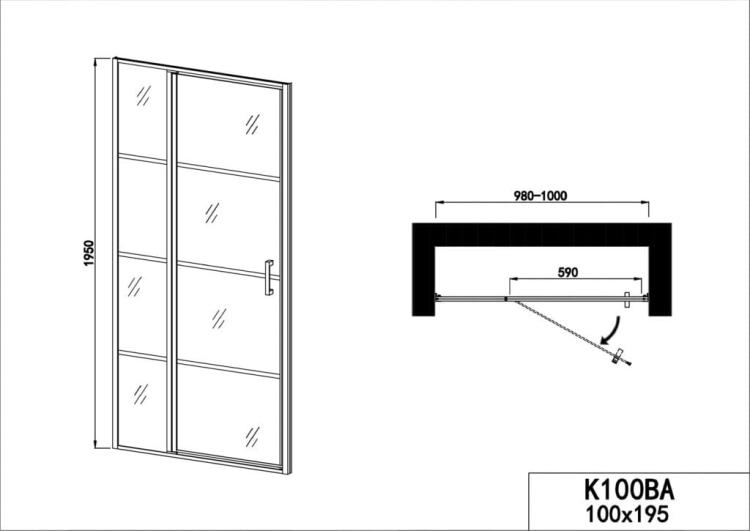 ELITE BLACK Drzwi prysznicowe do wnęki skrzydłowe 100x195 cm K100B - rysunek techniczny