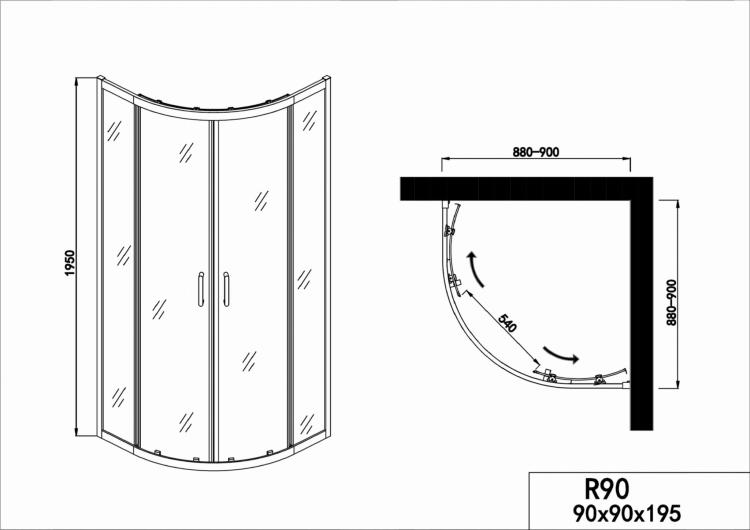 ELITE BLACK Kabina prysznicowa półokrągła, drzwi przesuwne 90x90x195 cm R90B - rysunek techniczny