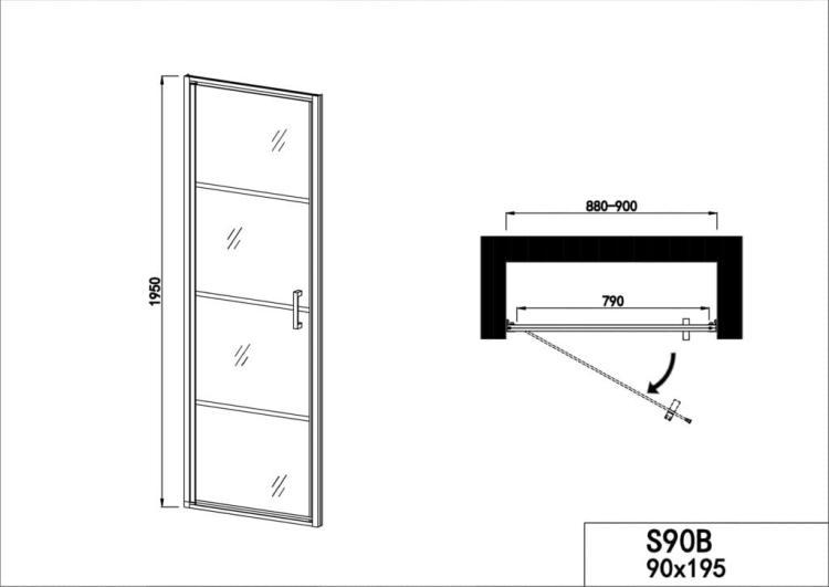 ELITE BLACK-Drzwi prysznicowe do wnęki skrzydłowe 80x195 cm S80B, czarny mat, rysunek techniczny