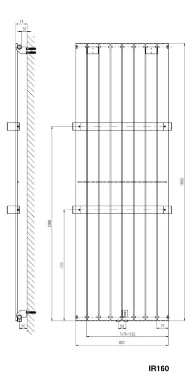 COLONNA Grzejnik łazienkowy dekoracyjny biały 1205 W 602x1800 mm IR1160 - rys. techniczny
