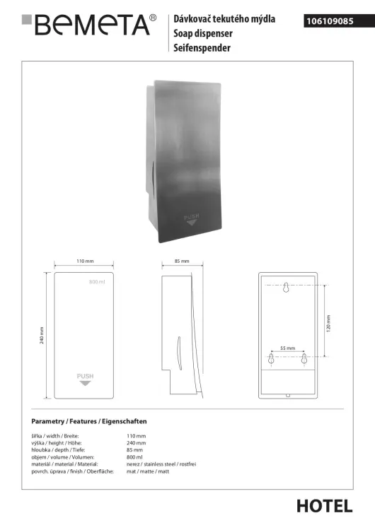 Dozownik do mydła 800ml 106109085 - rys. techniczny