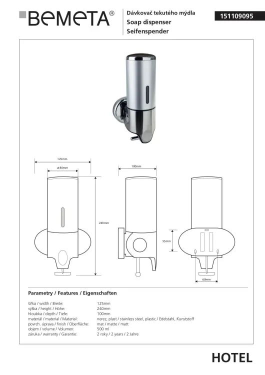 Dozownik do mydła 500 ml 151109095 - rys. tyechniczny