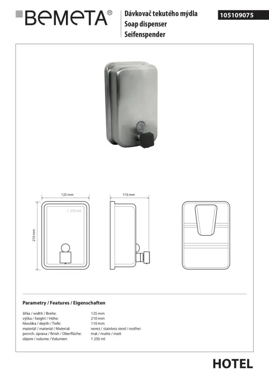Dozownik do mydła 1250 ml 105109075 - rys. techniczny