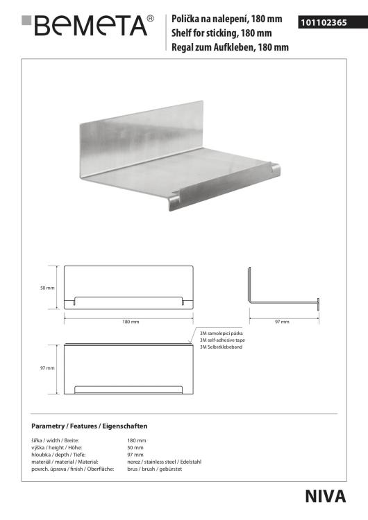 NIVA półeczka pod prysznic prostokątna 180mm stal nierdzewna szczotkowana 101102365  - rys. techniczny