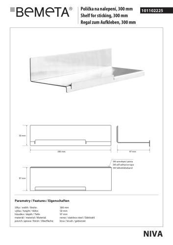 NIVA półeczka pod prysznic prostokątna 300mm stal nierdzewna szczotkowana 101102225 - rys. techniczny