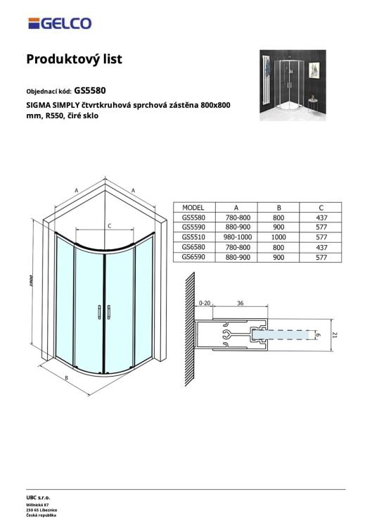 SIGMA SIMPLY Kabina prysznicowa narożna półokrągła 80x80x190 cm szkło czyste GS5580 - rysunek