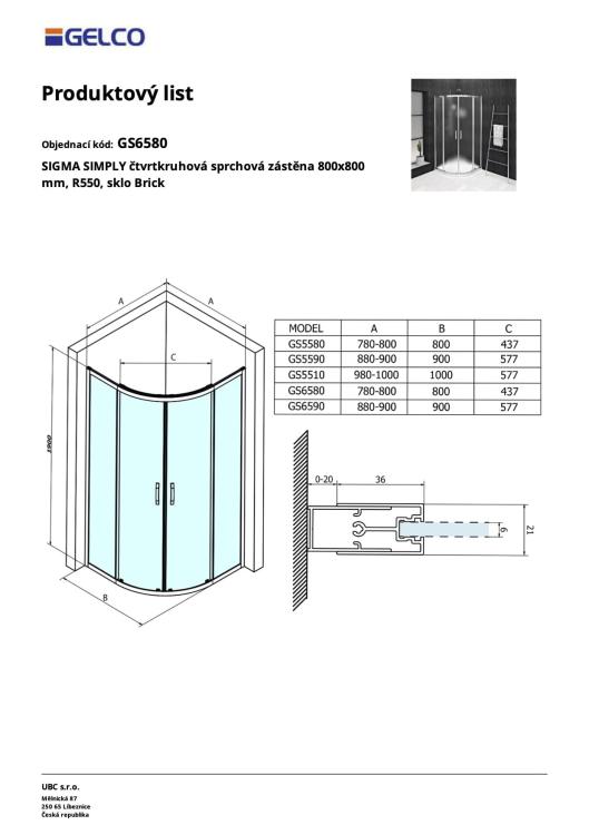 SIGMA SIMPLY Kabina prysznicowa narożna półokrągła 80x80x190 cm szkło matowe Brick GS6580 - rysunek