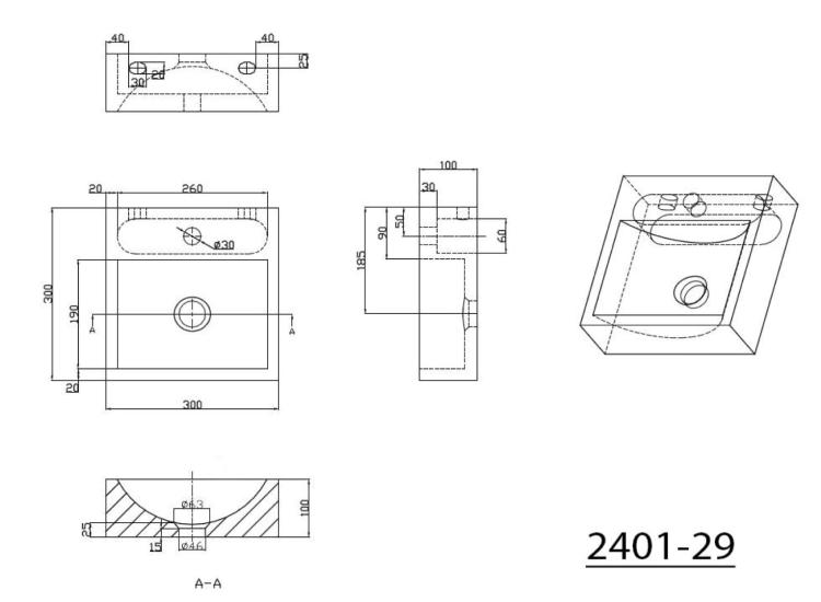 BLOK Umywalka kamienna 30x10x30 cm antracyt 2401-29 - rysunek