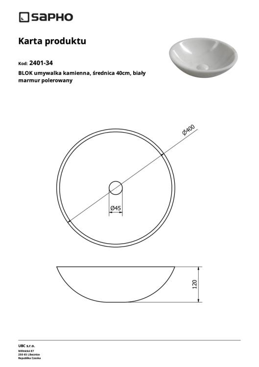 BLOK Umywalka kamienna okrągła 40 cm biała 2401-34 - rysunek