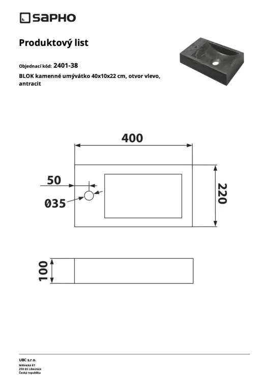 BLOK Umywalka kamienna lewa 40x10x22 cm antracyt 2401-38 - rysunek