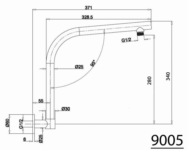 Ramię deszczowni ścienne 371 mm 9005 wymiary