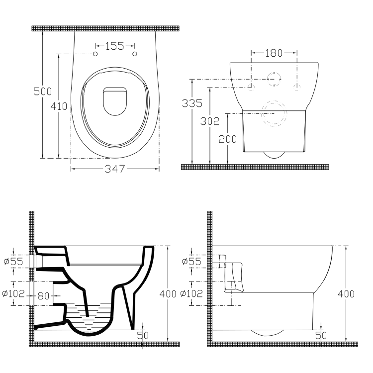 ABSOLUTE WC miska zawieszana, Rimless, 50x35 cm, biała 10AB02002 wymiary