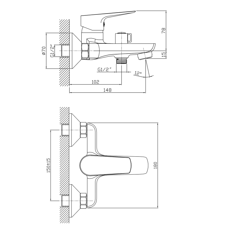 LOTTA bateria wannowa ścienna rozstaw 150mm, czarny mat LT610B